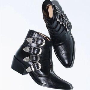Kelsi Dagger Black Leather Ankle Boots with Silver Buckles